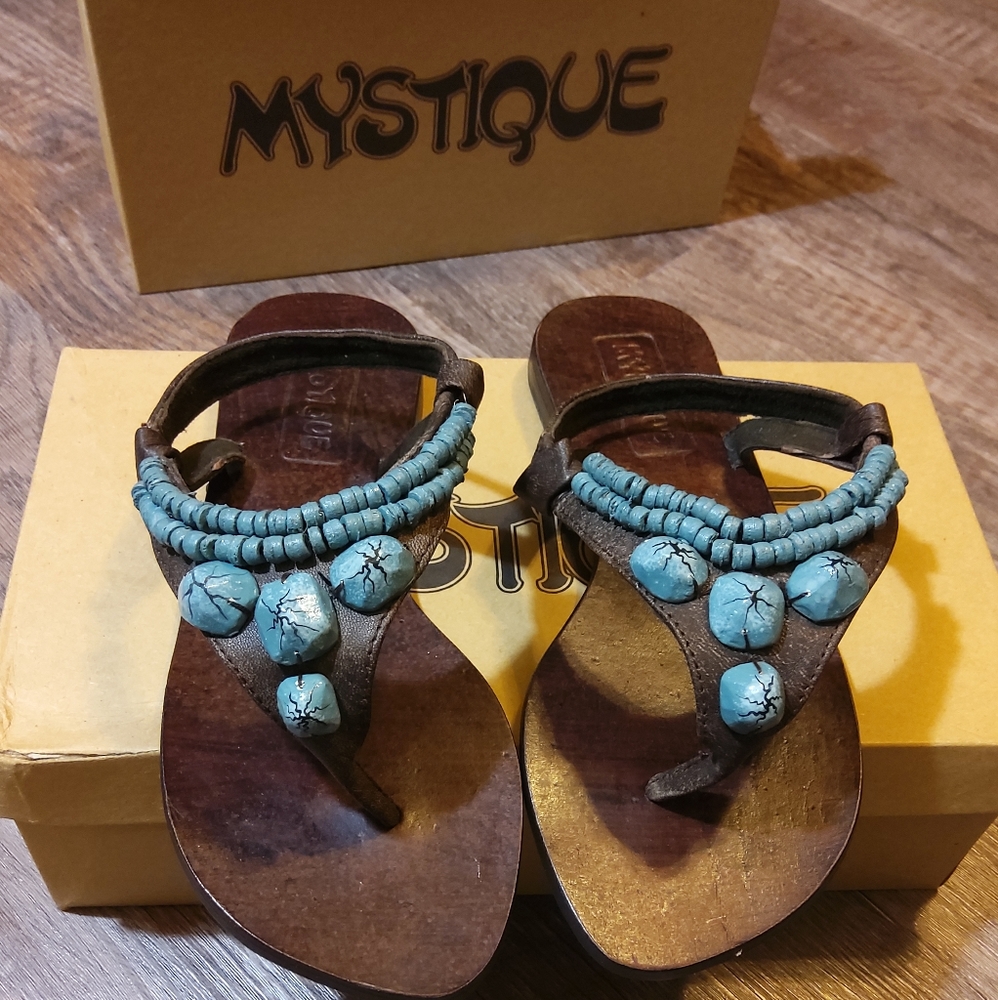 Mystique Boho Turquoise Leather Thong Sandlas NIB - Picture 4 of 13